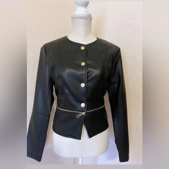 NWT ZARA Black 2 in 1 Faux Leather Snap Jacket Zip Crop Length Sz xs - Picture 6 of 16